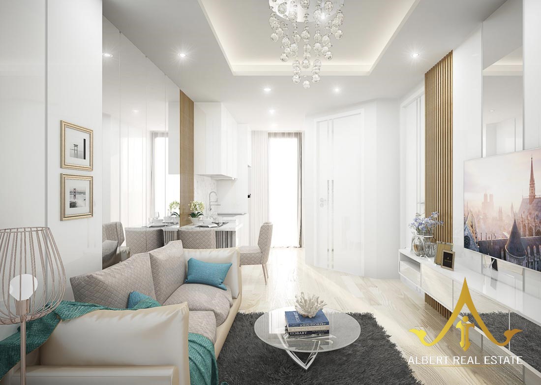 Living room in an example one-bedroom unit at Siam Oriental Oasis