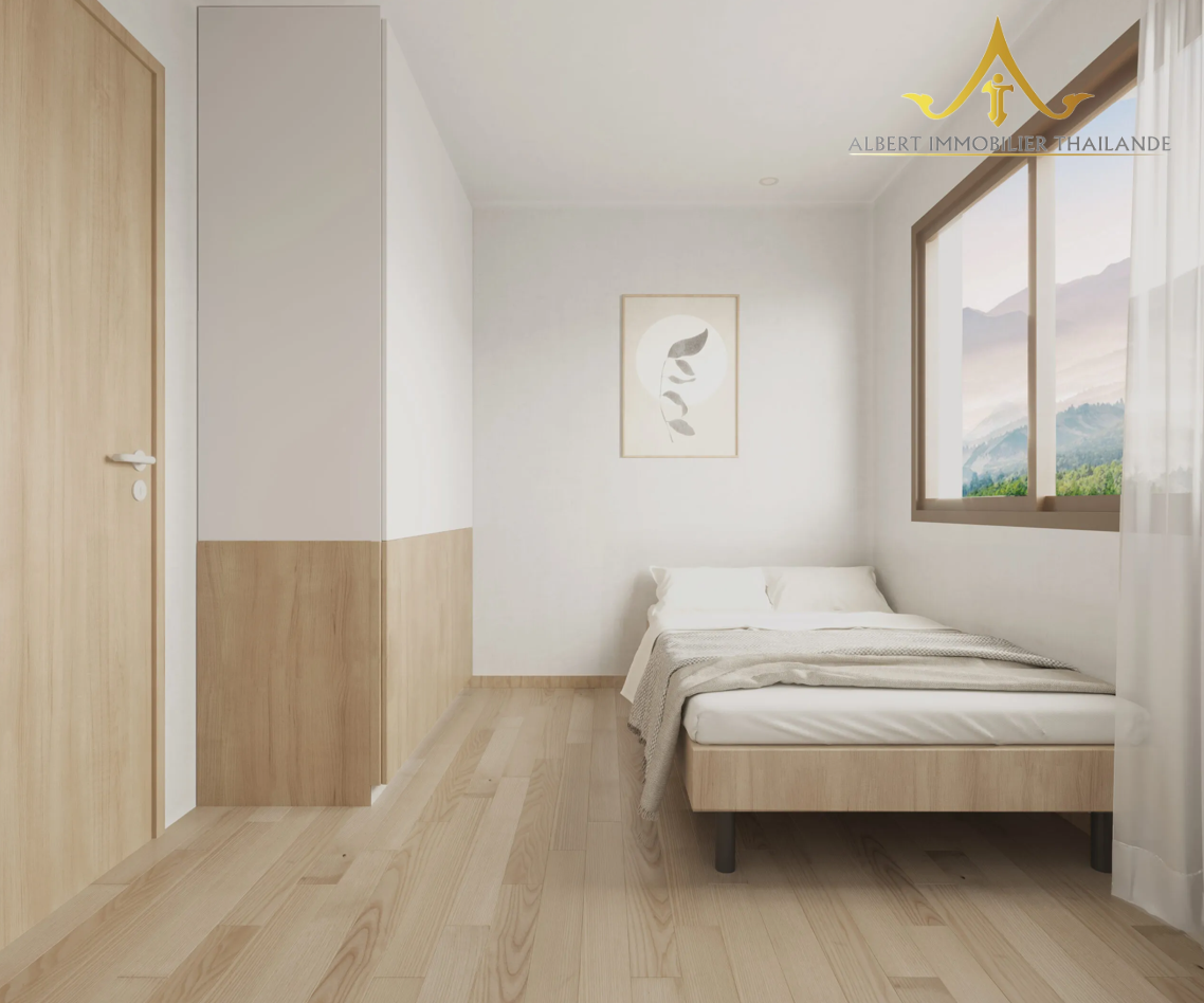 Bright bedroom in a Wing Samui condominium unit in Bophut, Koh Samui