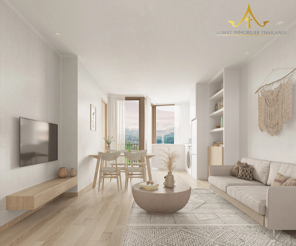 Bright furnished living and dining area in a Wing Samui condominium unit