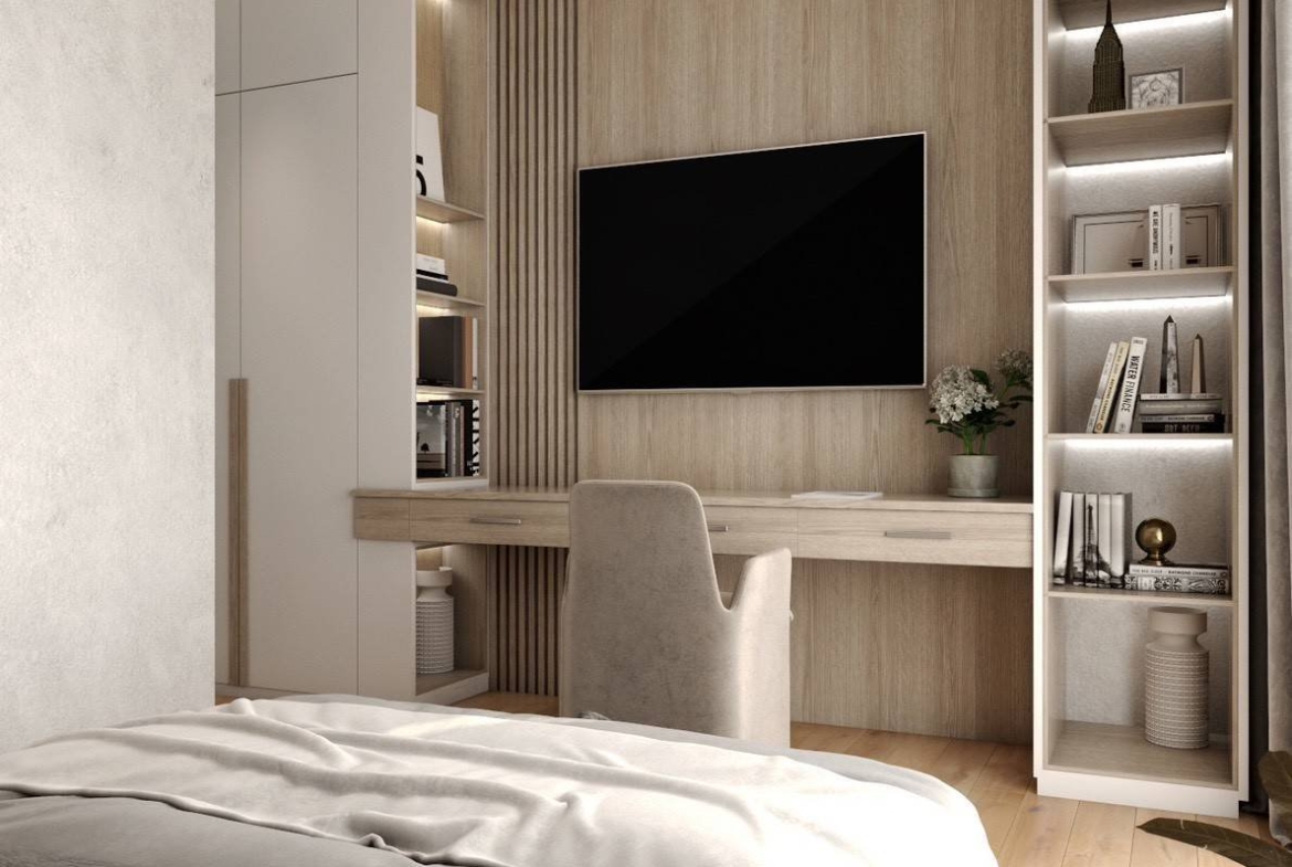 Sala Montana Residence Hua Hin – Bedroom with built-in desk and storage (3D render)