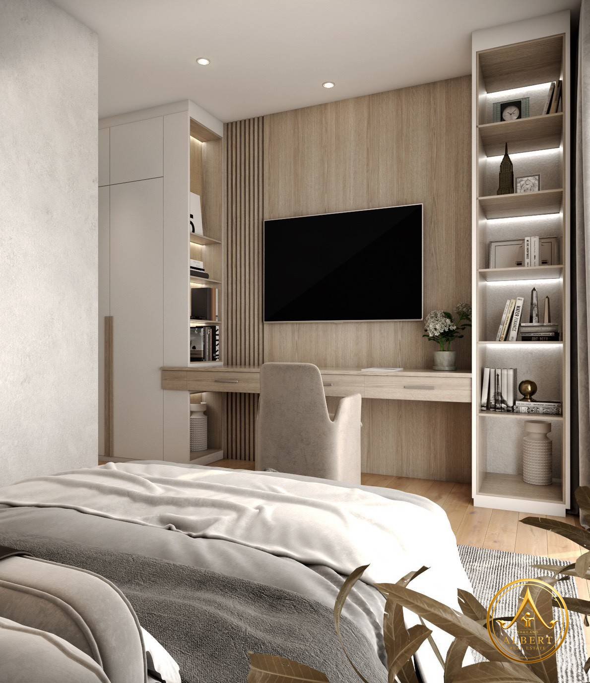 Sala Montana Residence Hua Hin – Bedroom with built-in desk and storage (3D render)