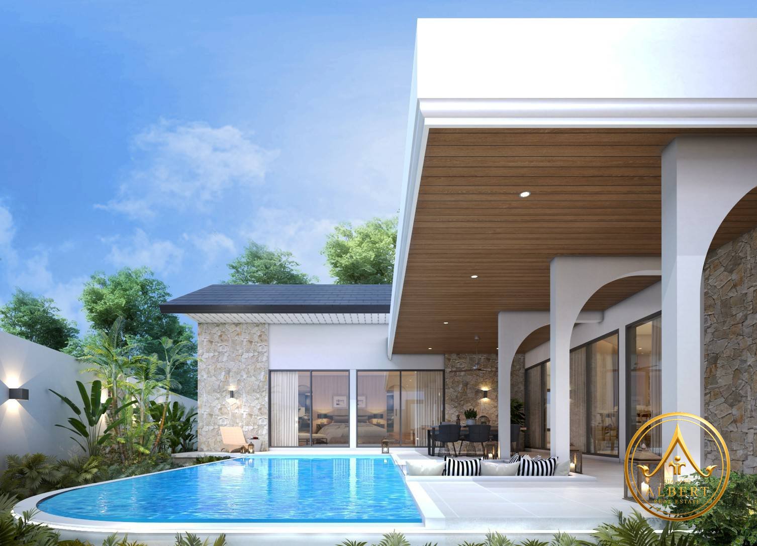 Sala Montana Residence Hua Hin – Pool villa exterior with landscaped garden (3D render)