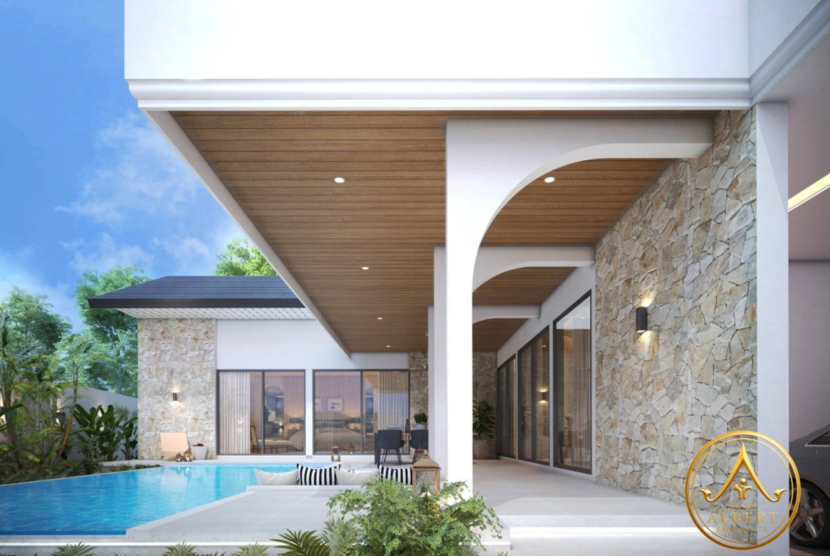 Sala Montana Residence Hua Hin – Pool terrace and stone-clad facade (3D render)