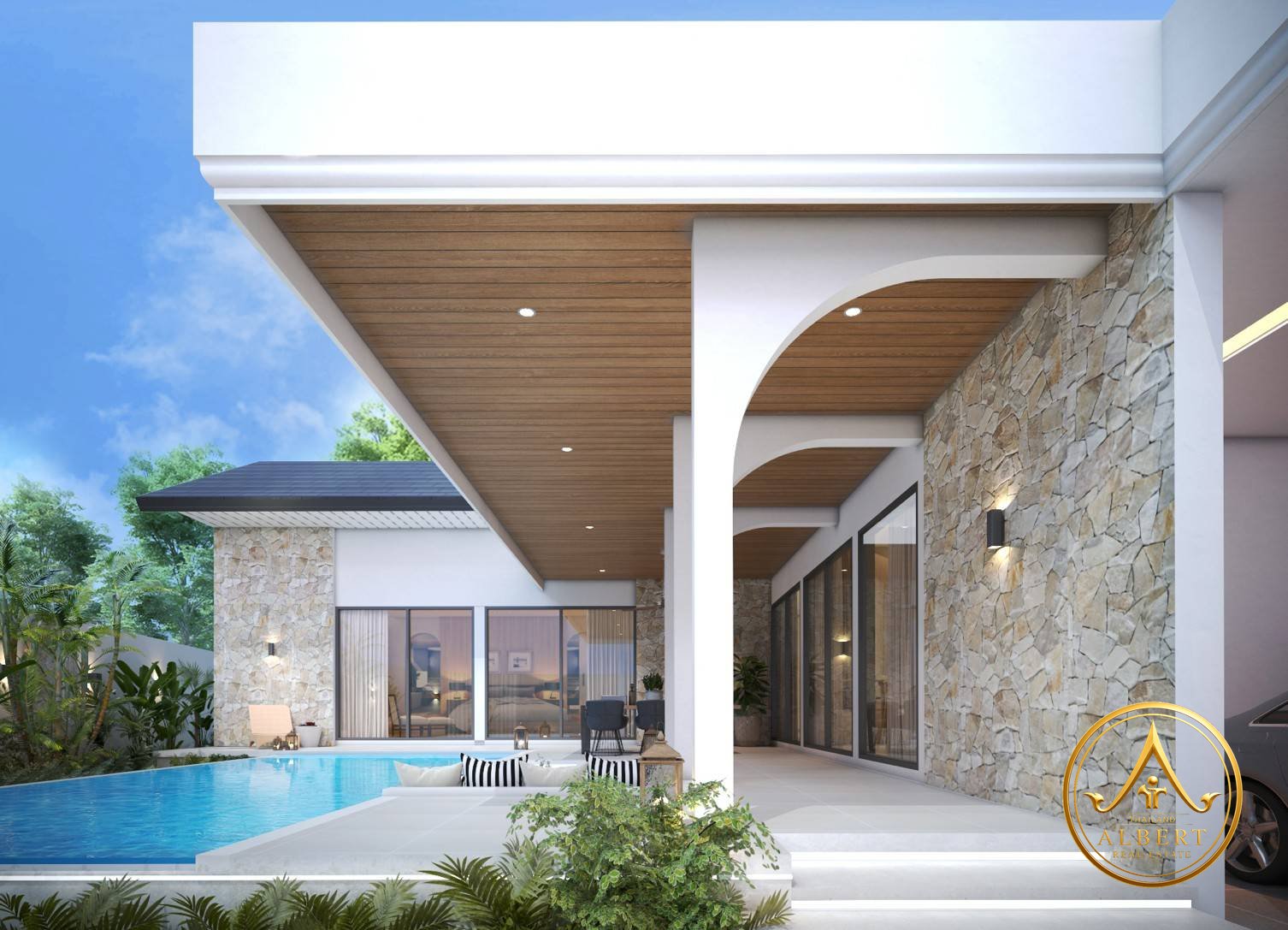 Sala Montana Residence Hua Hin – Pool terrace and stone-clad facade (3D render)