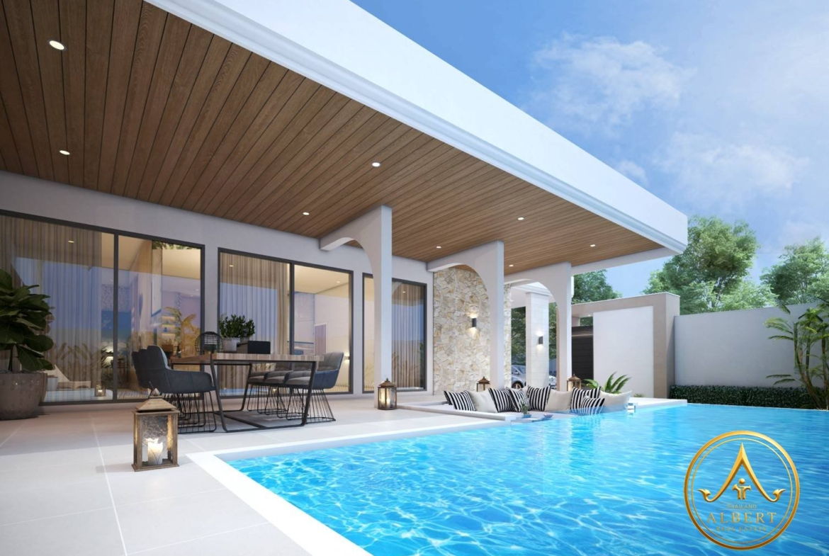Sala Montana Residence Hua Hin – Covered pool terrace with outdoor dining (3D render)