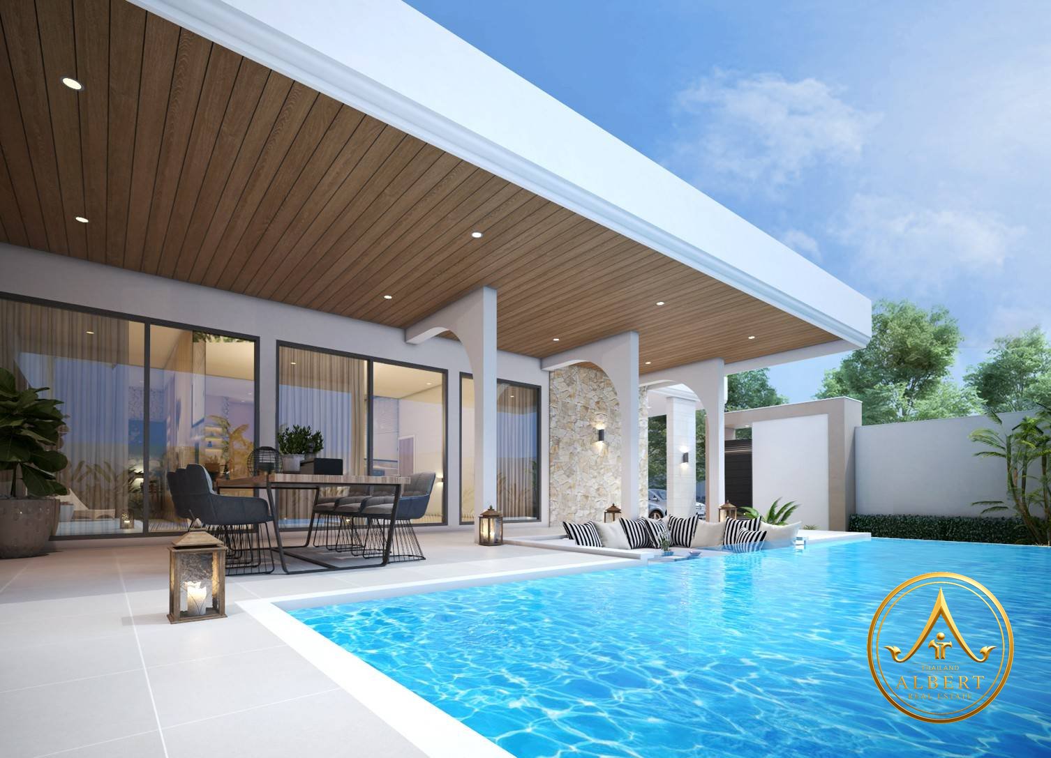 Sala Montana Residence Hua Hin – Covered pool terrace with outdoor dining (3D render)