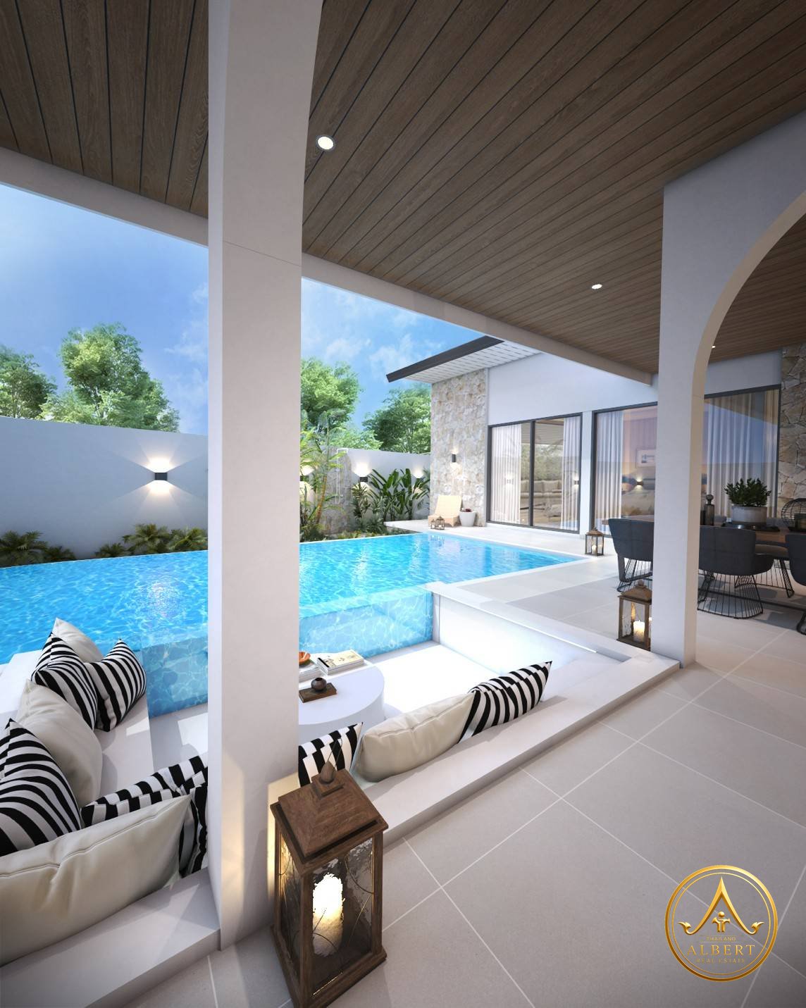 Sala Montana Residence Hua Hin – Pool lounge with glass-wall pool (3D render)