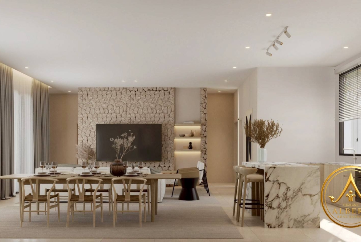 Sala Montana Residence Hua Hin – Dining area and kitchen island (3D render)