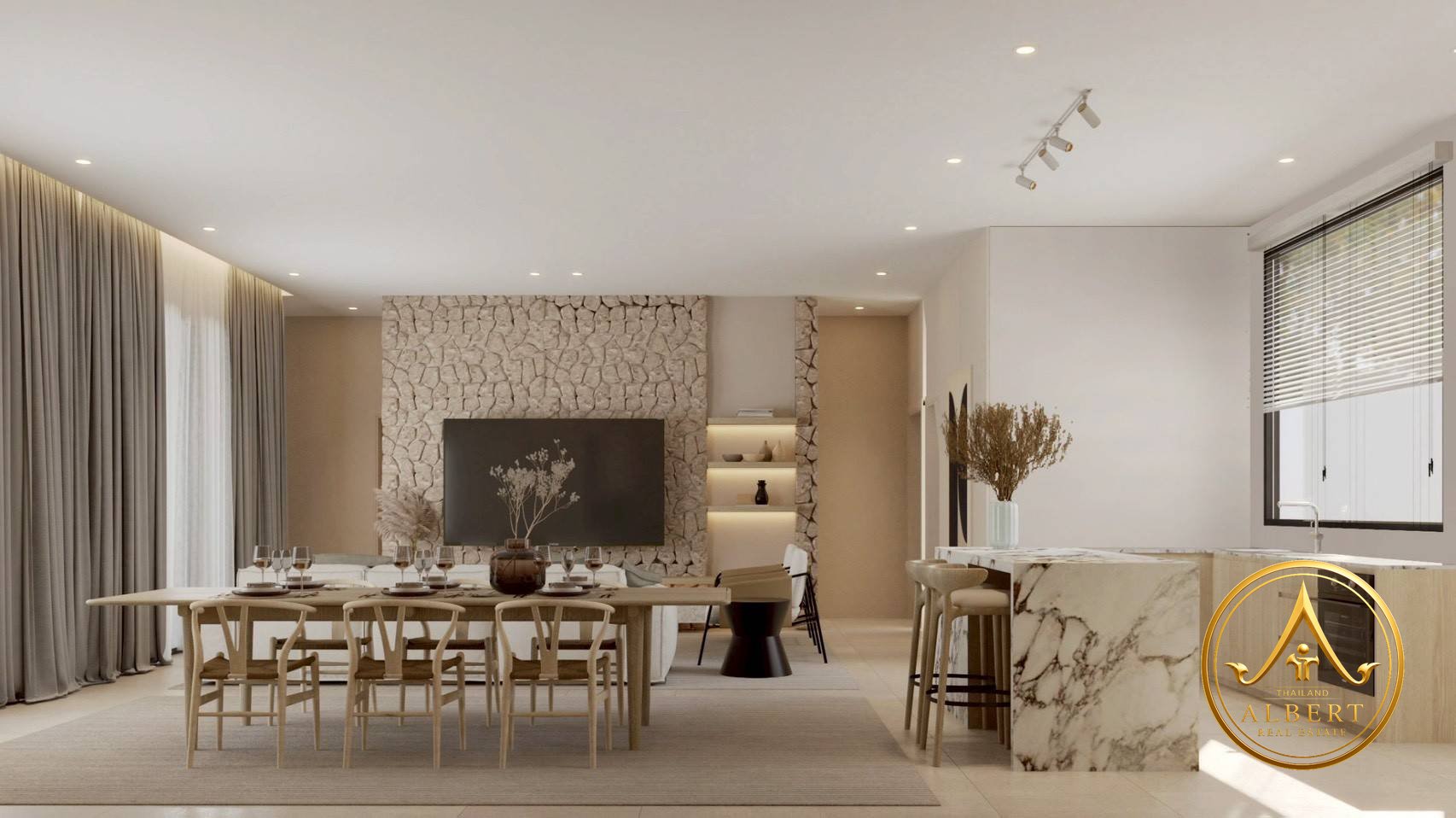 Sala Montana Residence Hua Hin – Dining area and kitchen island (3D render)
